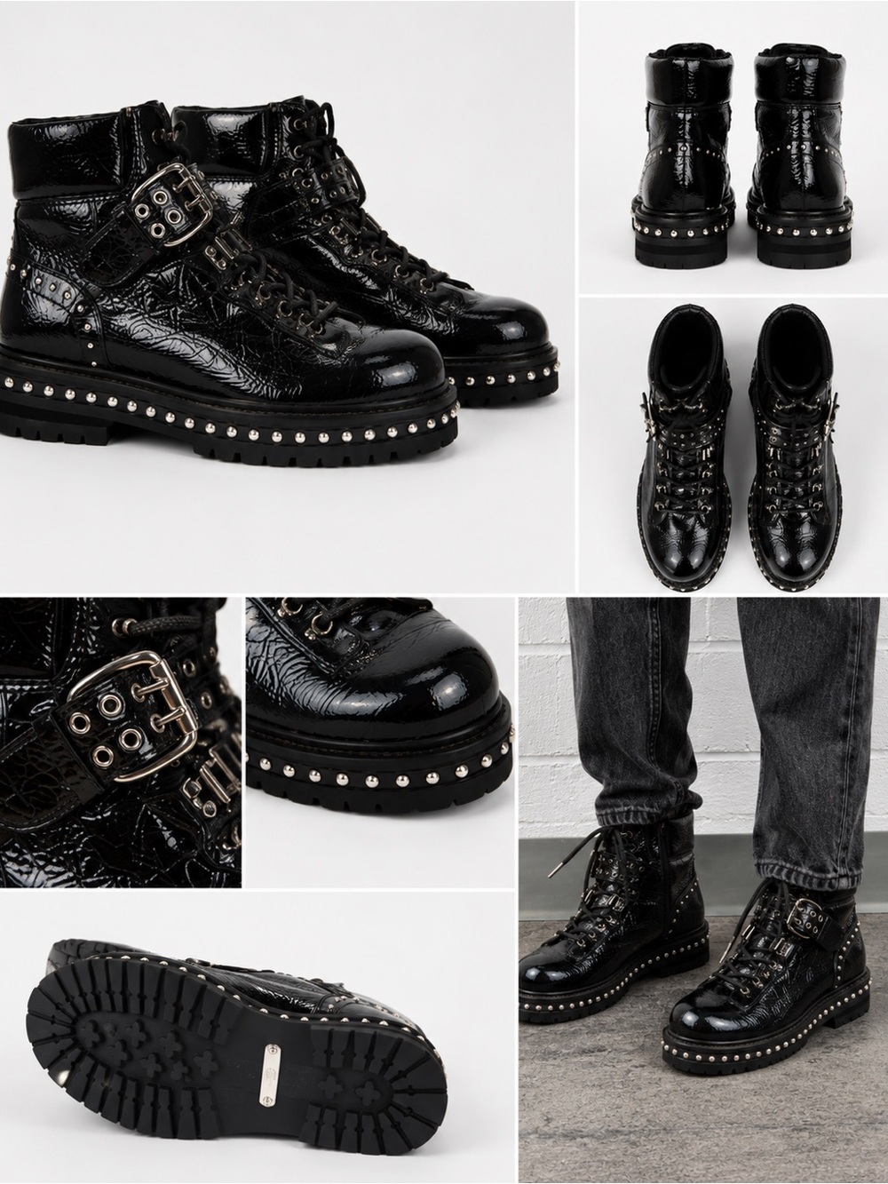 Lola Black Combat Boots with Studs and Thick Sole Retail $365